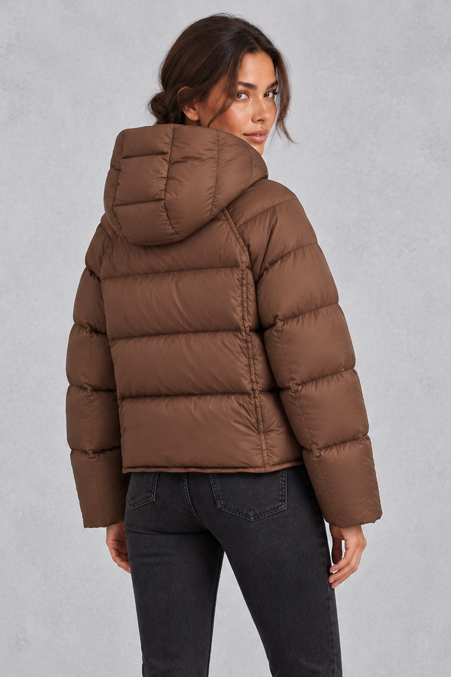 High neckline zipped up with the hood worn down