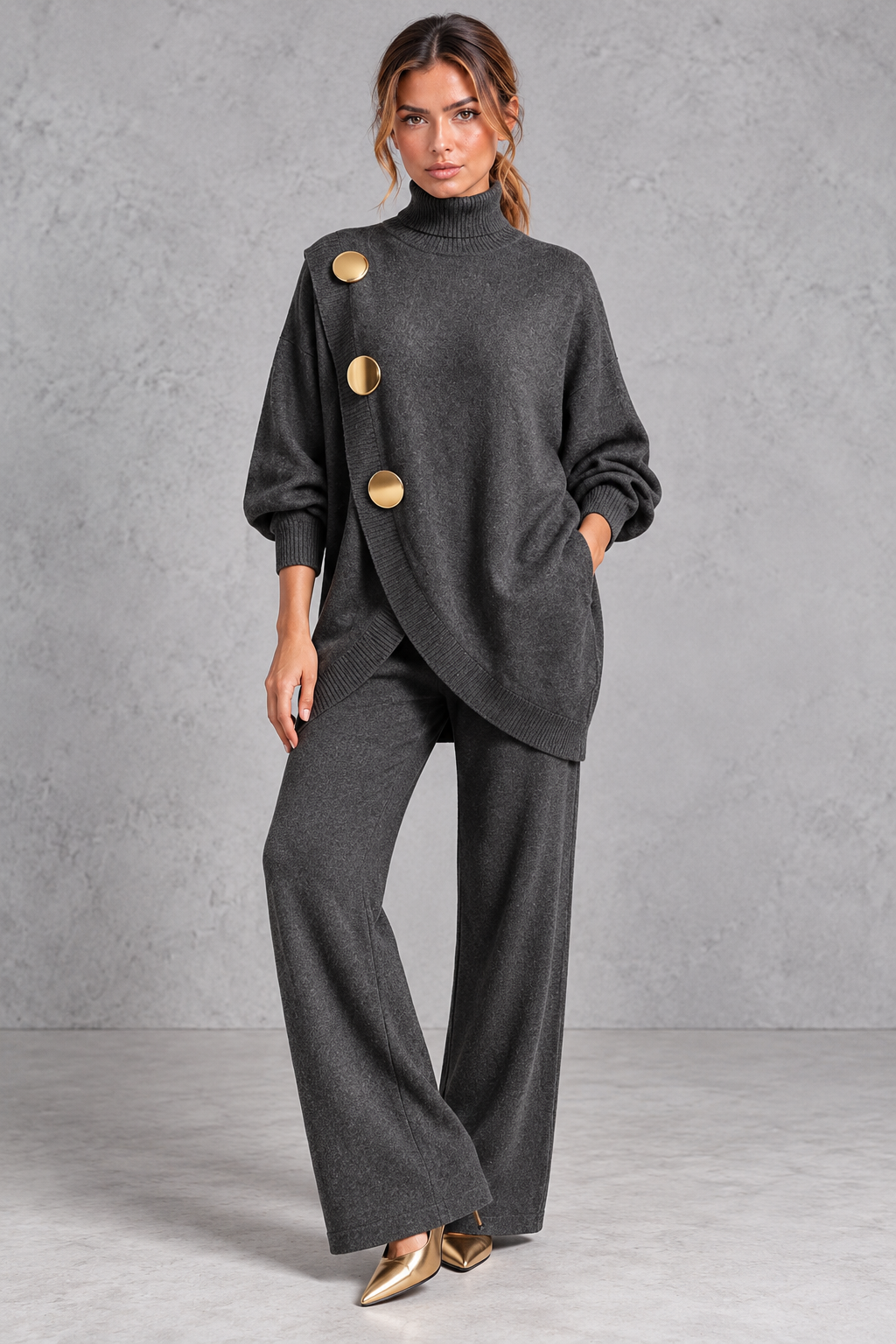 Knit sweater set styled with ankle boots for an evening out
