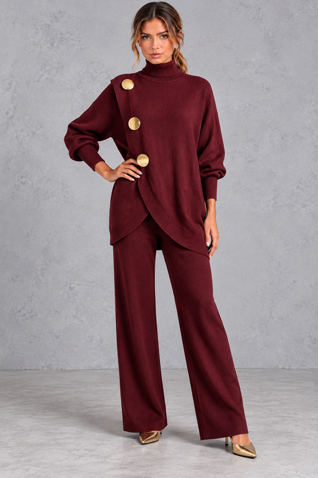 Turtleneck knit set shown in an alternate color