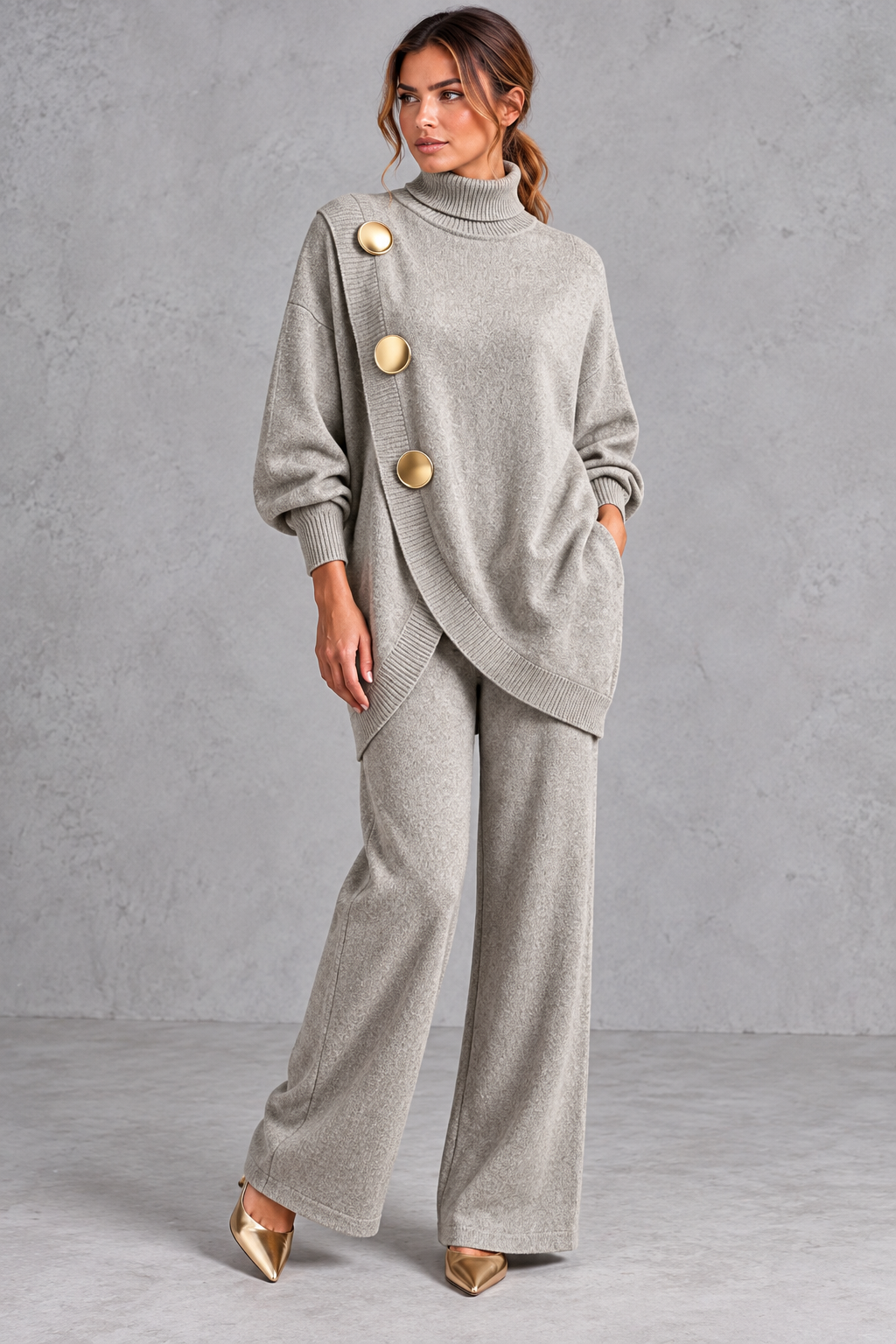 High-waisted wide leg knit pants, side view