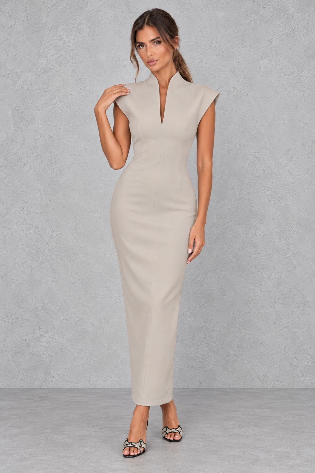 High neck sleeveless maxi dress shown in its color options of white, black, blue and khaki.