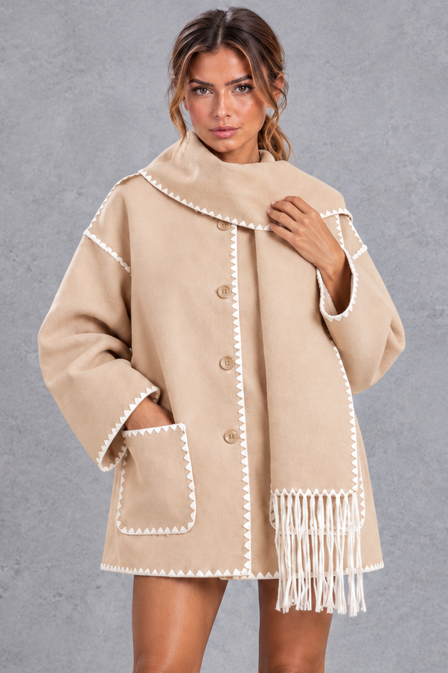 Women's Scarf Collar Blanket Stitch Jacket – Beige