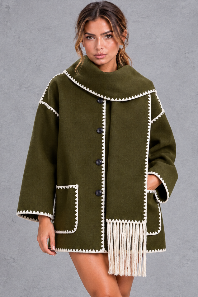 Women's Scarf Collar Blanket Stitch Jacket – Army Green