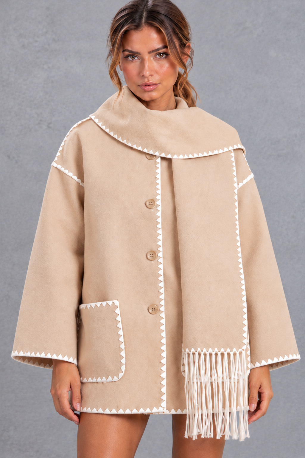 Women's Scarf Collar Blanket Stitch Jacket – Beige