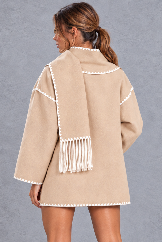 Women's Scarf Collar Blanket Stitch Jacket – Beige