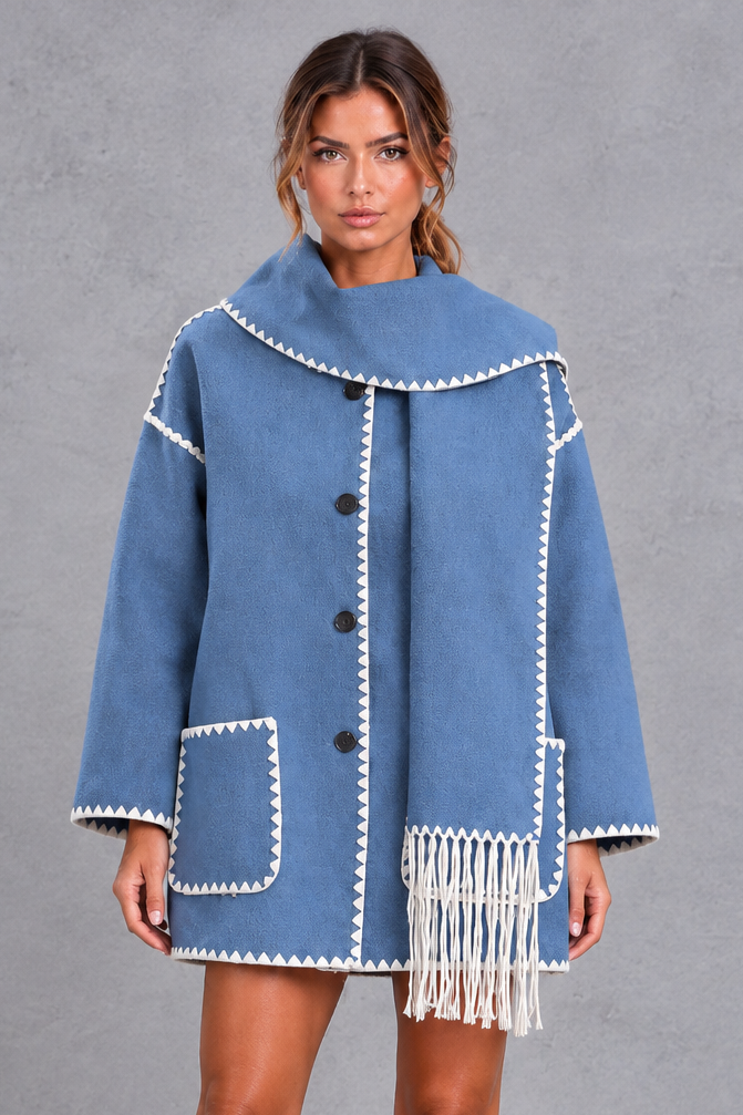 Women's Scarf Collar Blanket Stitch Jacket – Blue