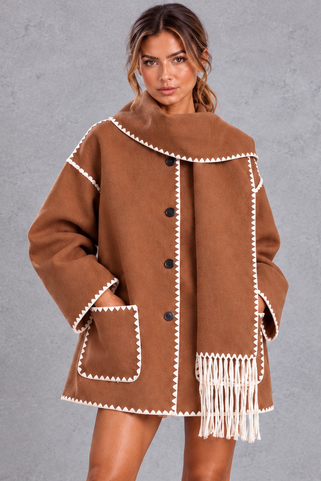 Women's Scarf Collar Blanket Stitch Jacket – Camel