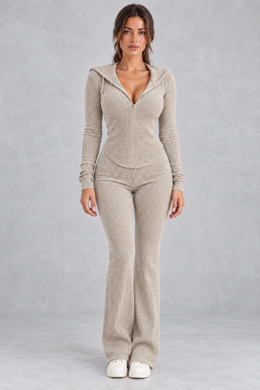 Women's ribbed knit zip hoodie and high-waisted flare pants set, front view