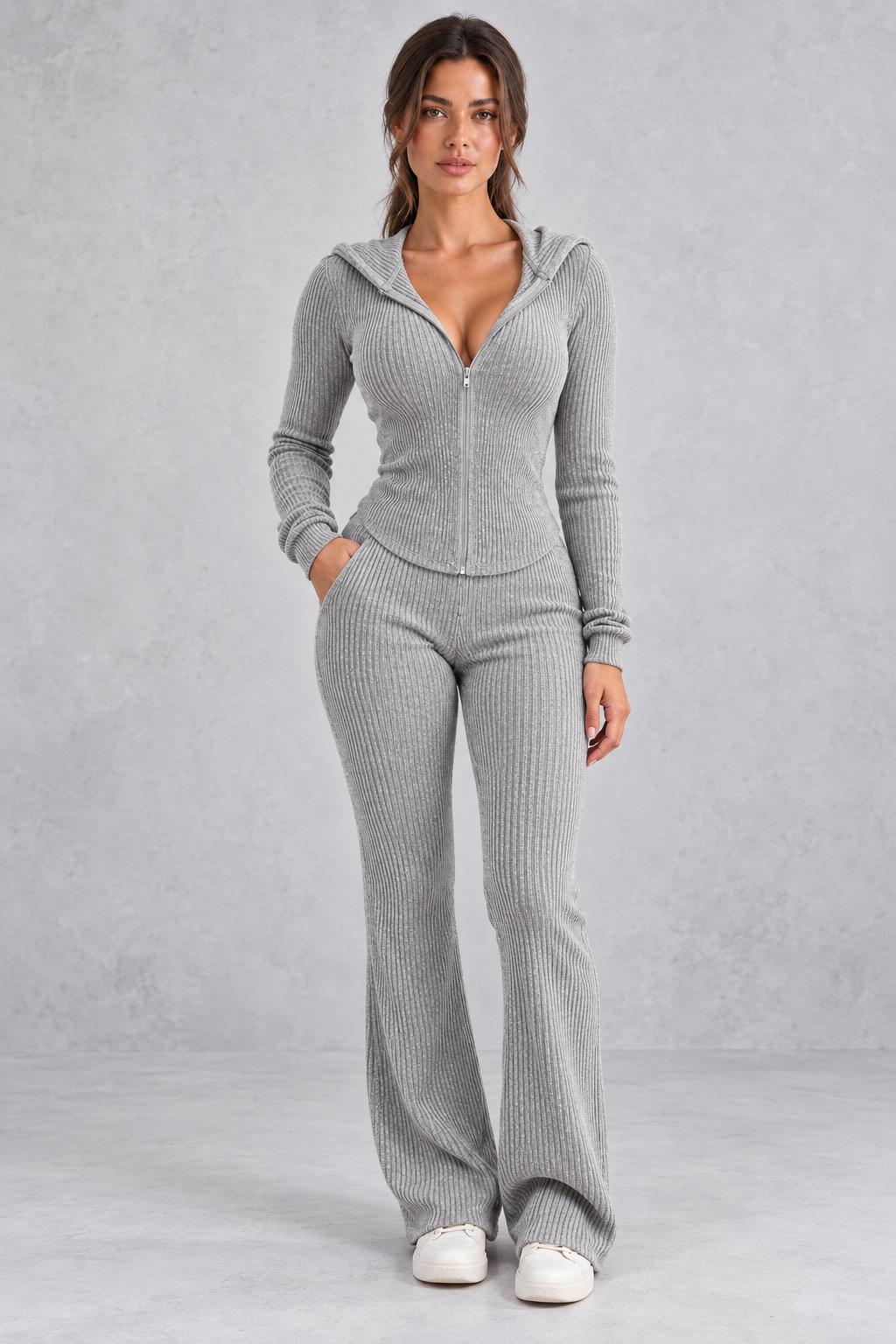 Casual styled look in the ribbed knit hoodie set with sneakers