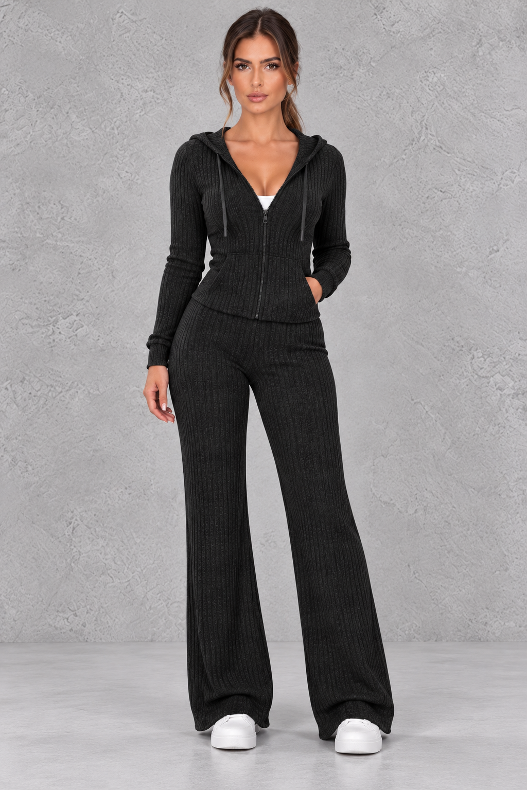 Women's ribbed knit zip-up hoodie and wide leg pants set, front view