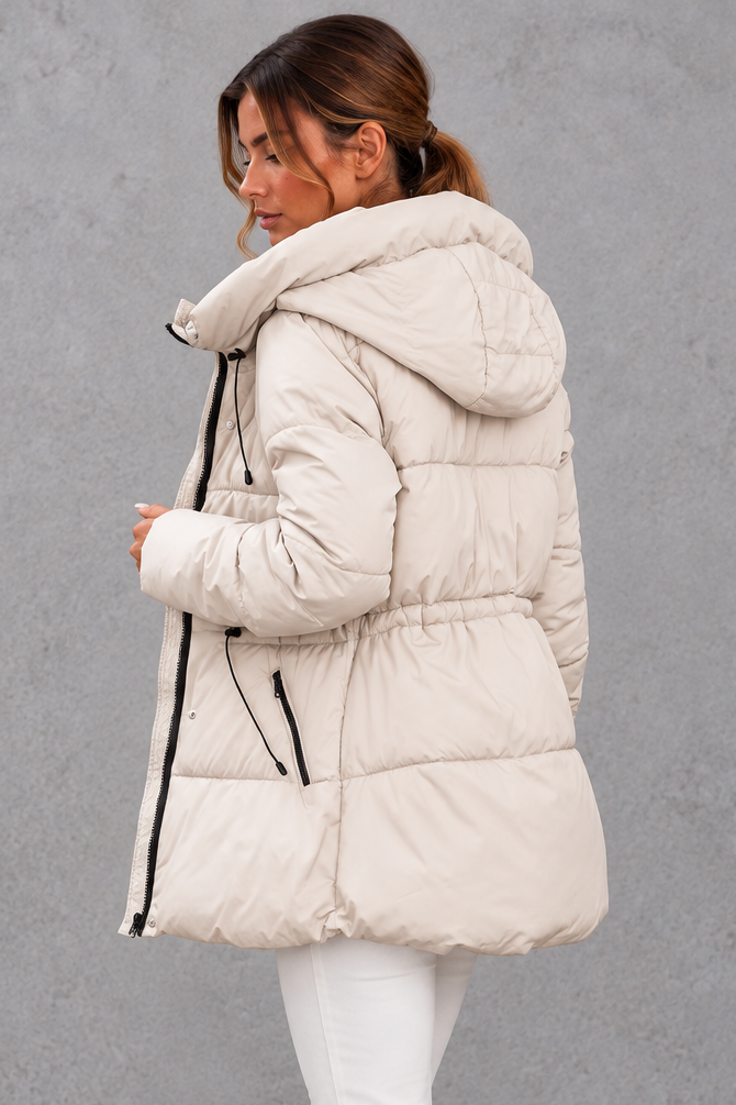 Back view of the channel-quilted mid-length puffer jacket