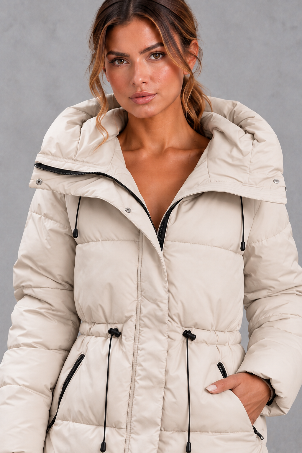 Close-up of the high funnel neck and drawcord hood