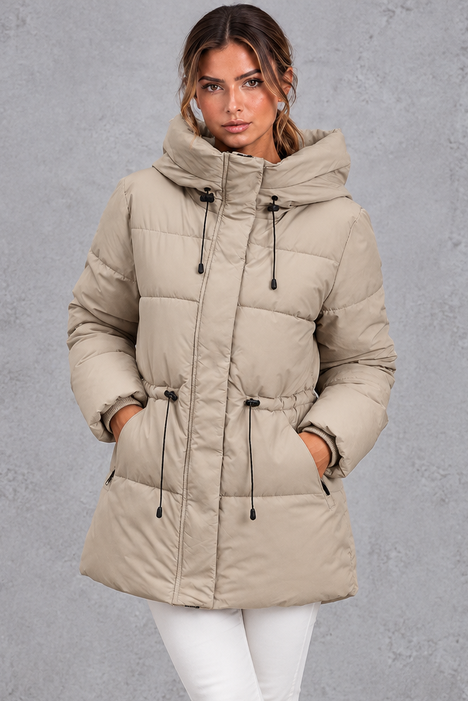 Mid-length puffer jacket shown in available colors