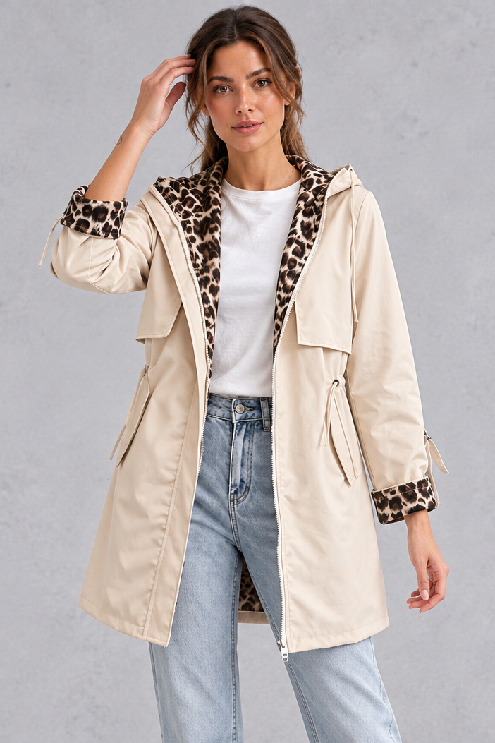 Women's hooded windproof jacket with leopard print lining, front view