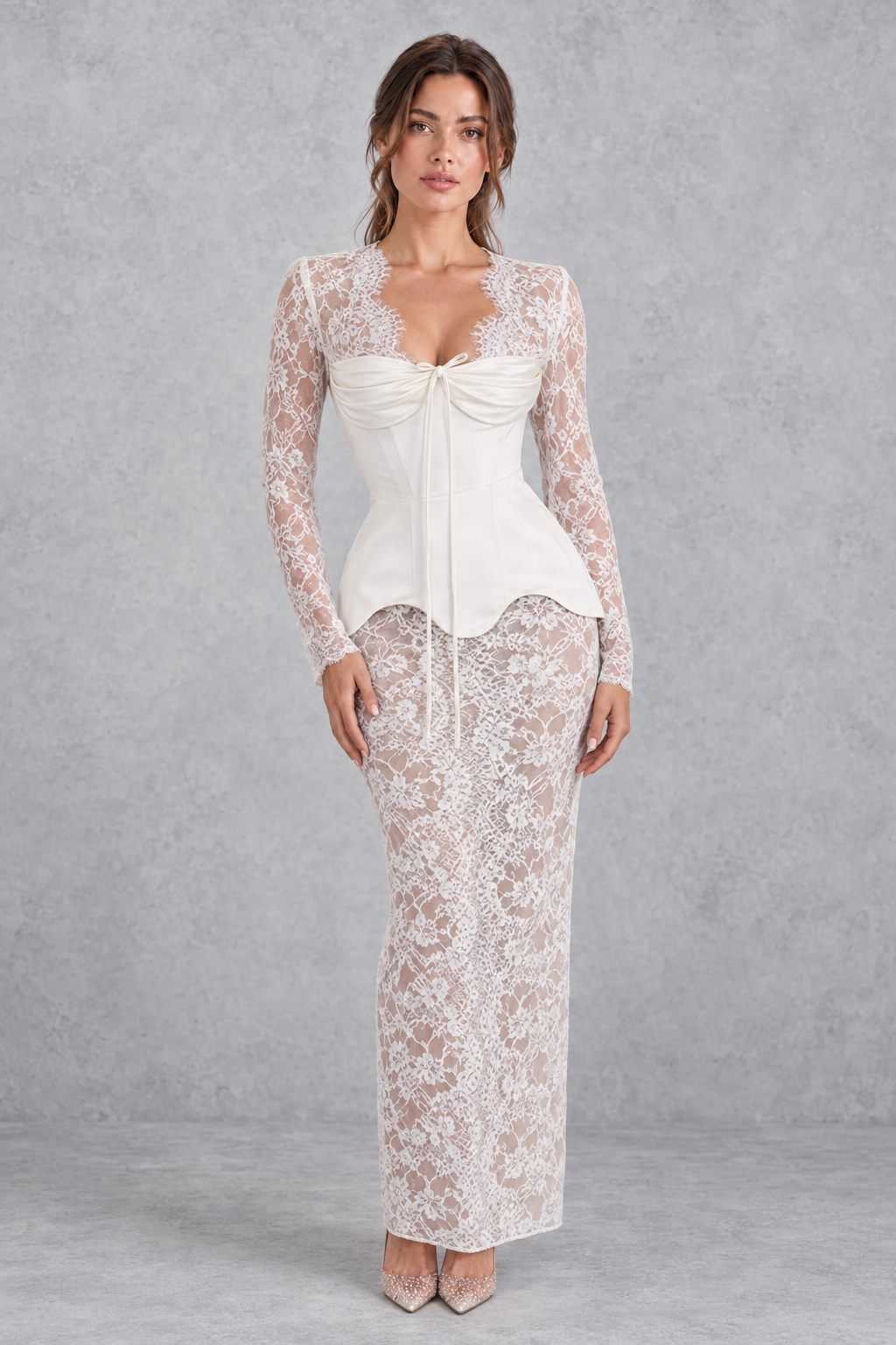 Lace patchwork dress with a V-neckline styled for a festive evening out.