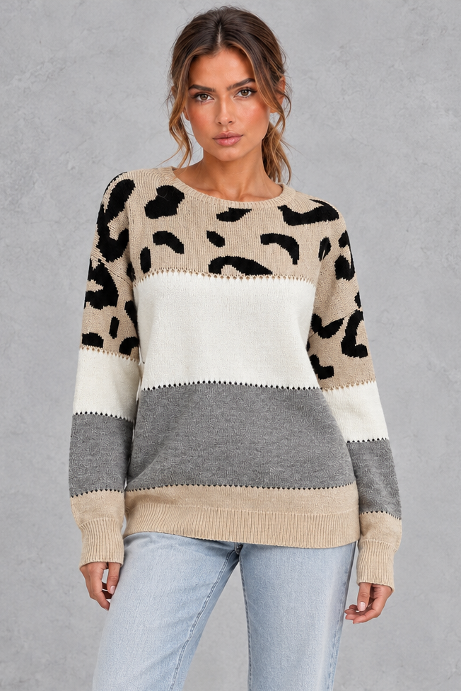 Women's leopard print color block knit sweater, front view