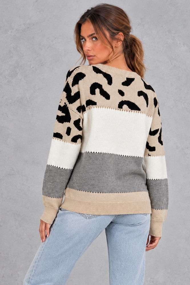 Detail of wide crew neckline and ribbed trim
