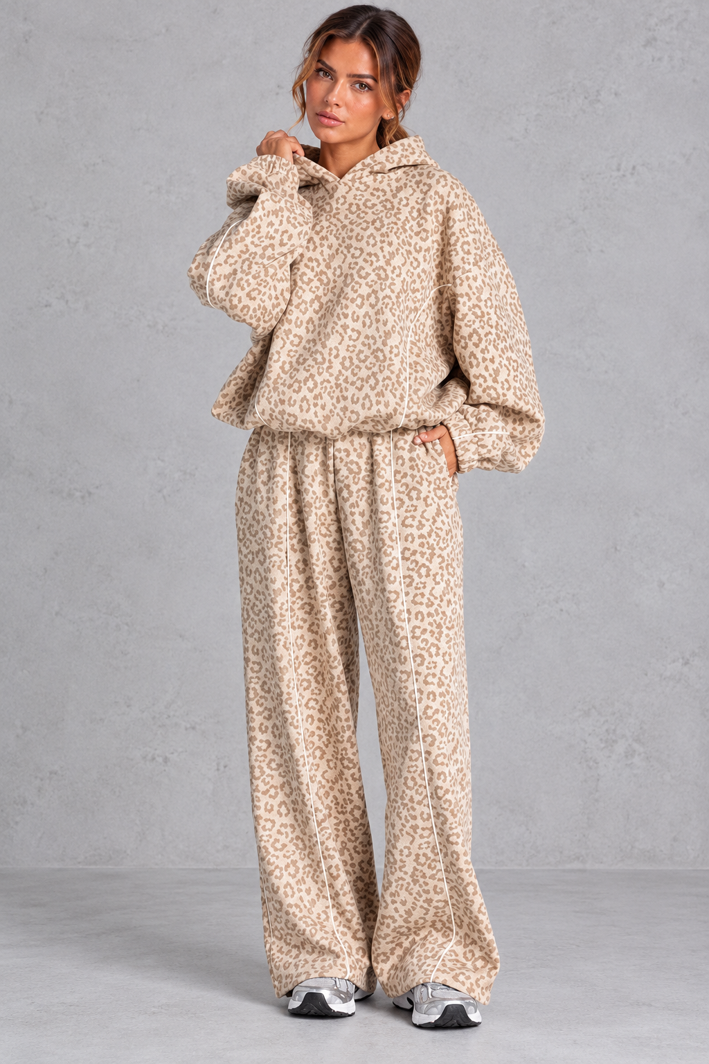 Women's oversized leopard print hoodie and wide leg joggers set, front view