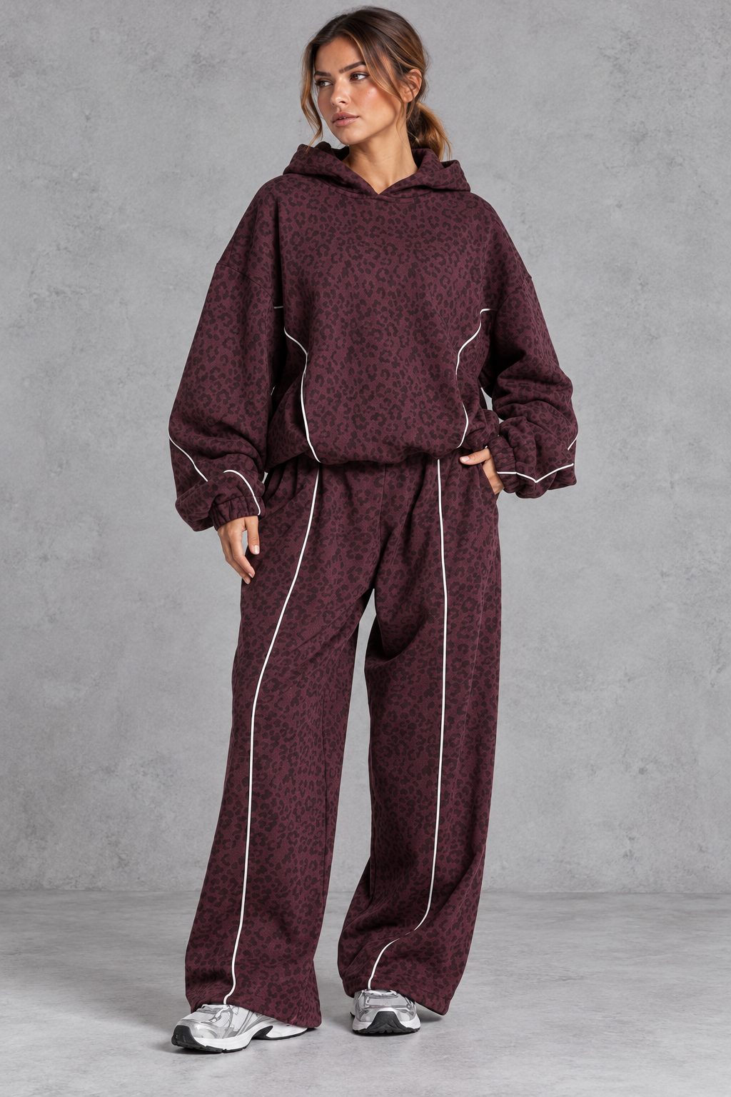 Leopard print lounge set shown in an alternate color