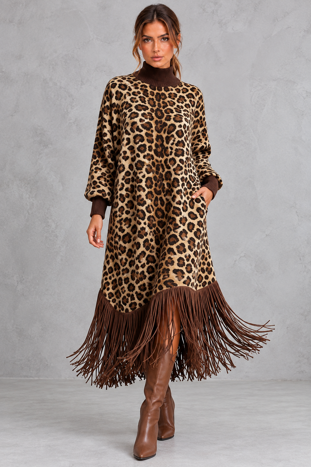 Women's leopard print boho maxi dress with long sleeves, front view