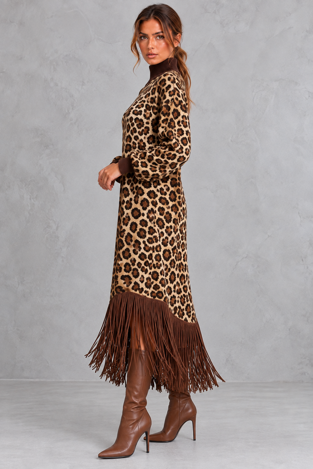 Close-up of the tassel-trimmed hem on a women's leopard maxi dress