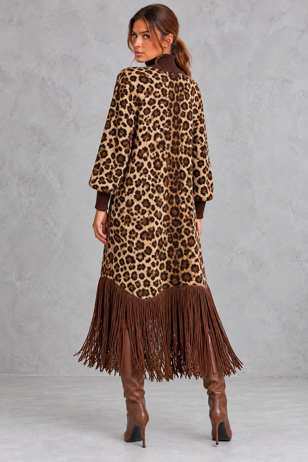 Women's A-line leopard print dress with pockets, side view
