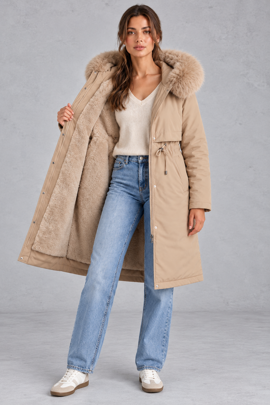 Women's long faux fur hooded parka coat shown in a relaxed longline fit