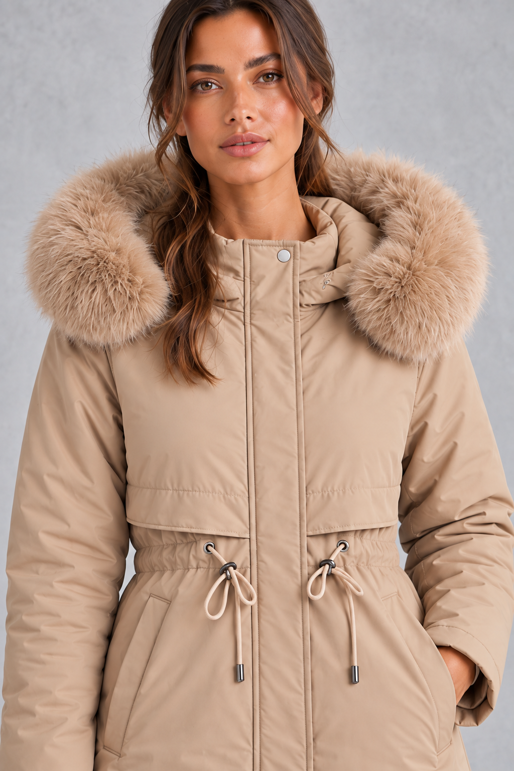 Women's longline hooded parka with plush lining and side pockets