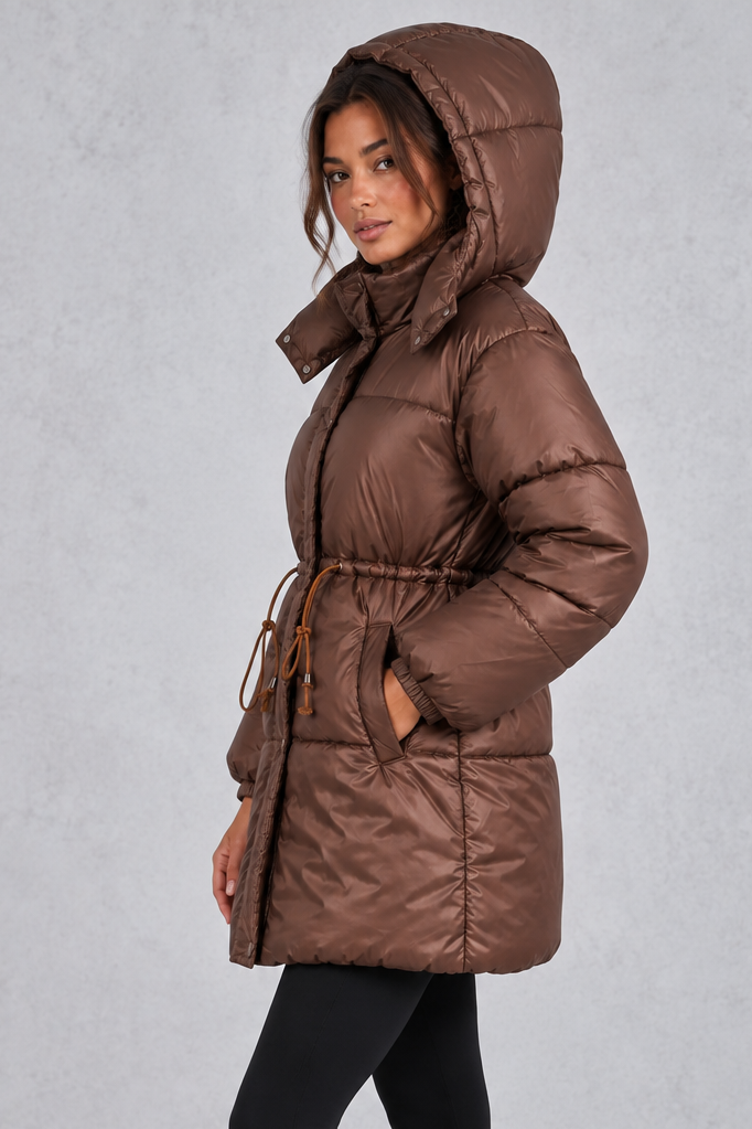 Back view of longline hooded puffer coat