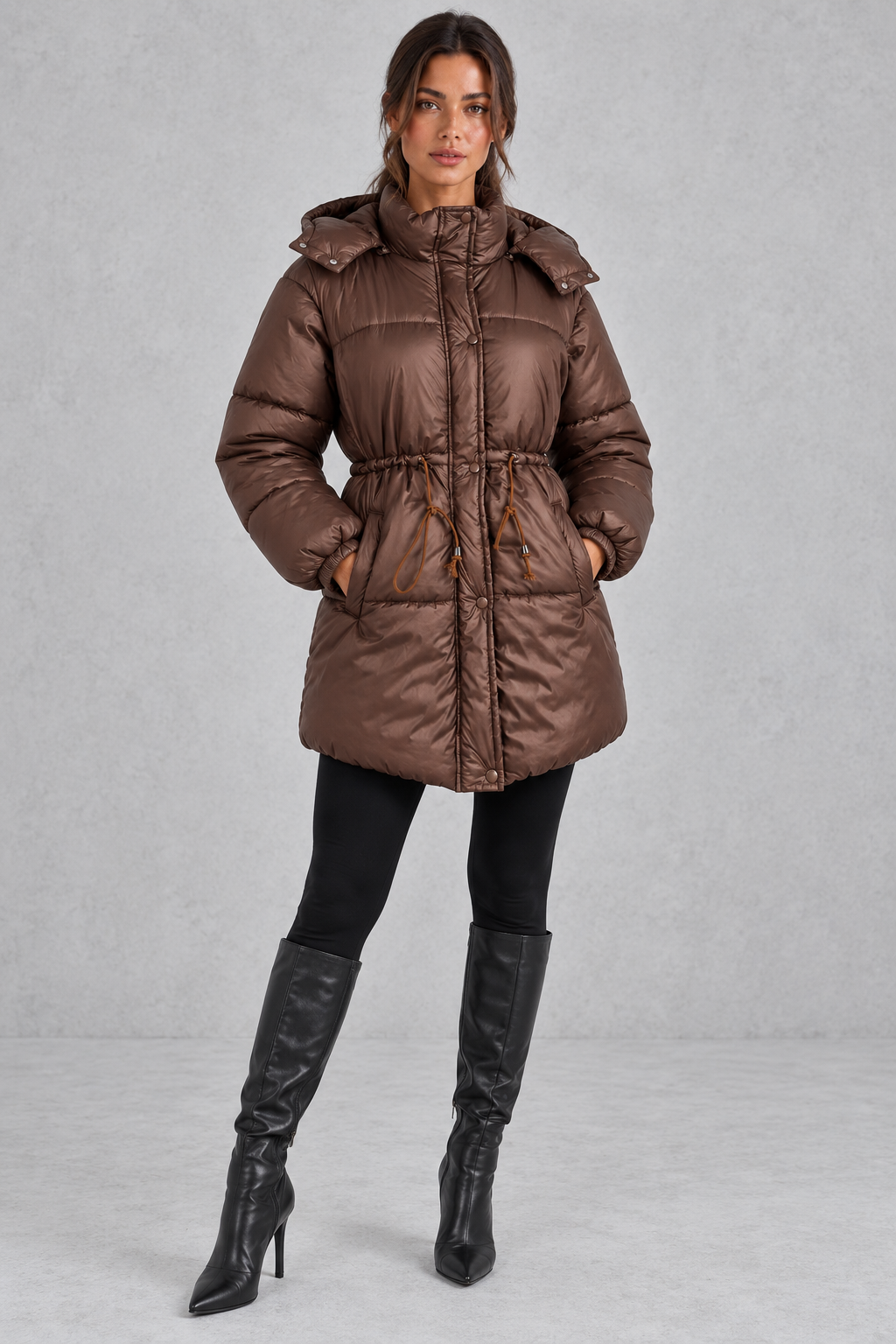 Longline puffer coat shown in brown with glossy finish