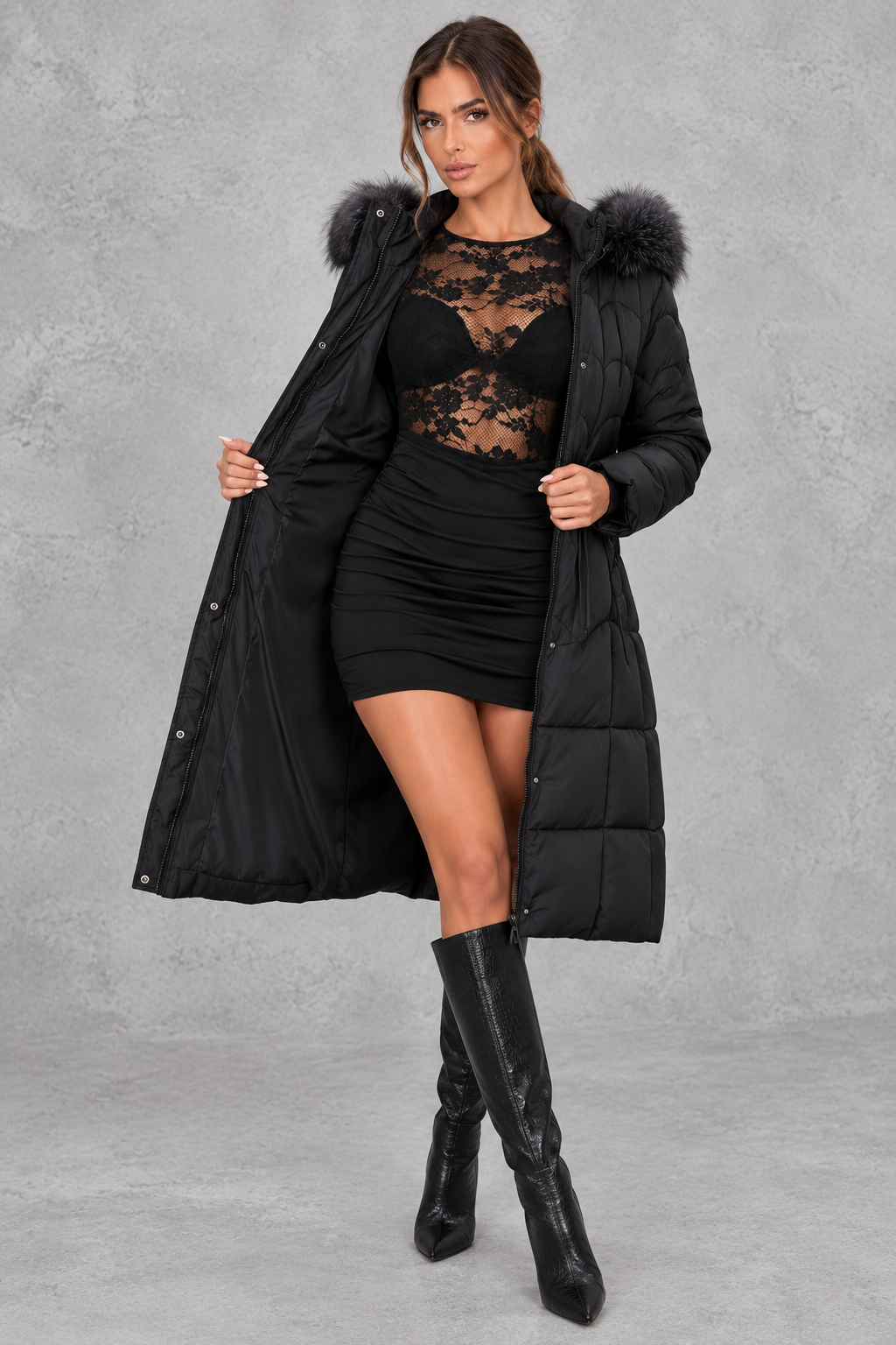 Longline puffer coat shown in khaki and black