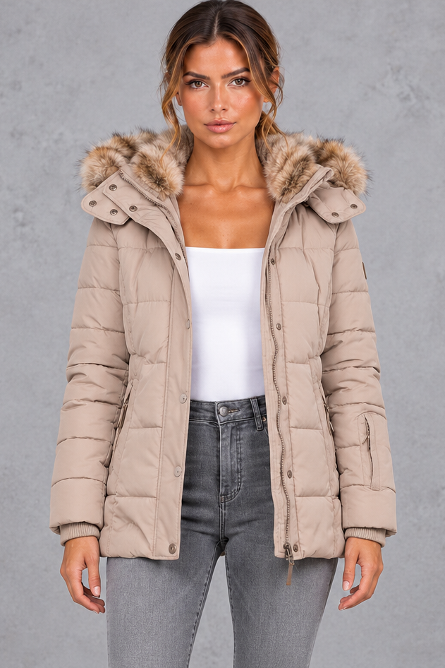 Women's Mid-Thigh Quilted Puffer Coat – Beige