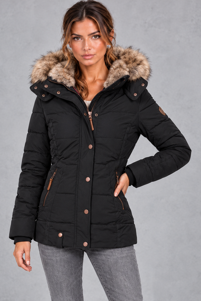 Women's Mid-Thigh Quilted Puffer Coat – Black