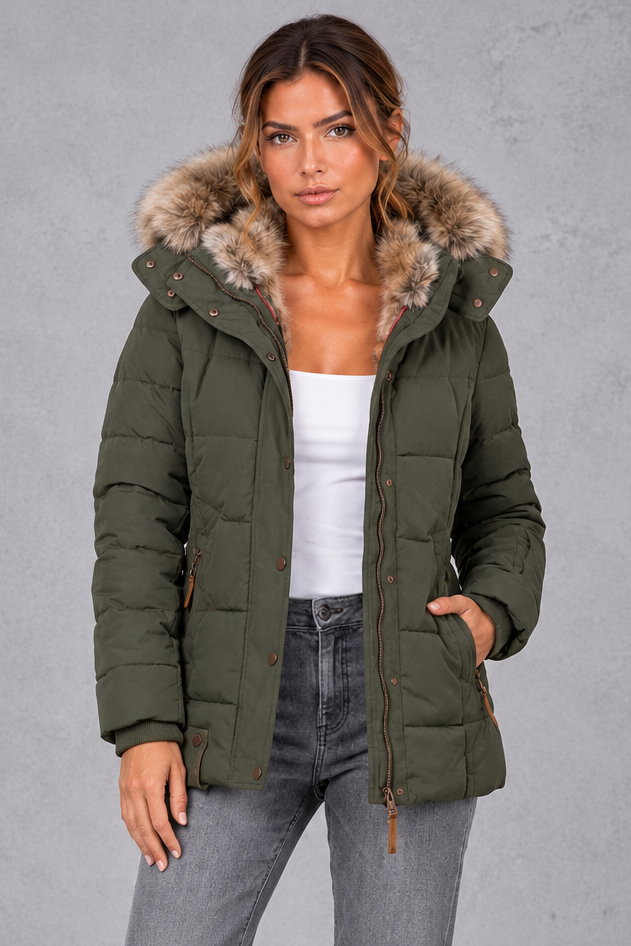 Women's Mid-Thigh Quilted Puffer Coat – Olive Green