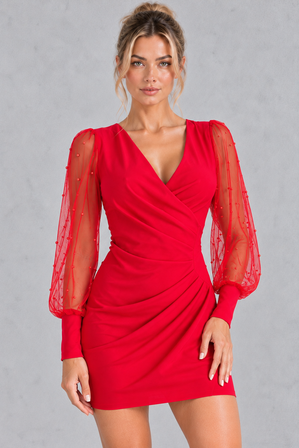 Model in an off-the-shoulder mini dress styled with heels for a birthday dinner.