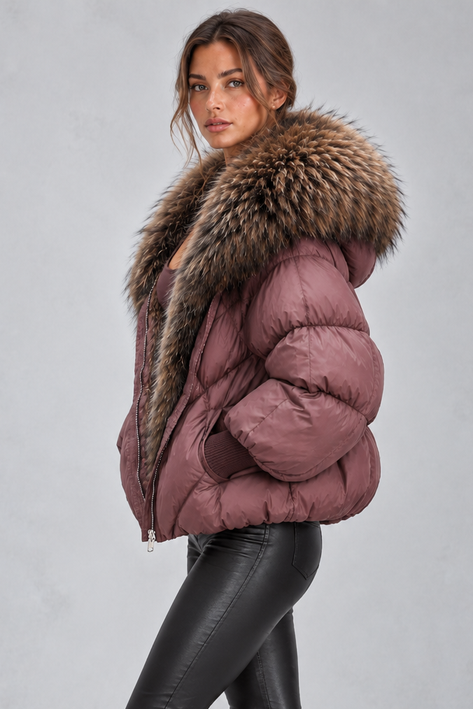 Back view of oversized puffer showing dropped shoulders