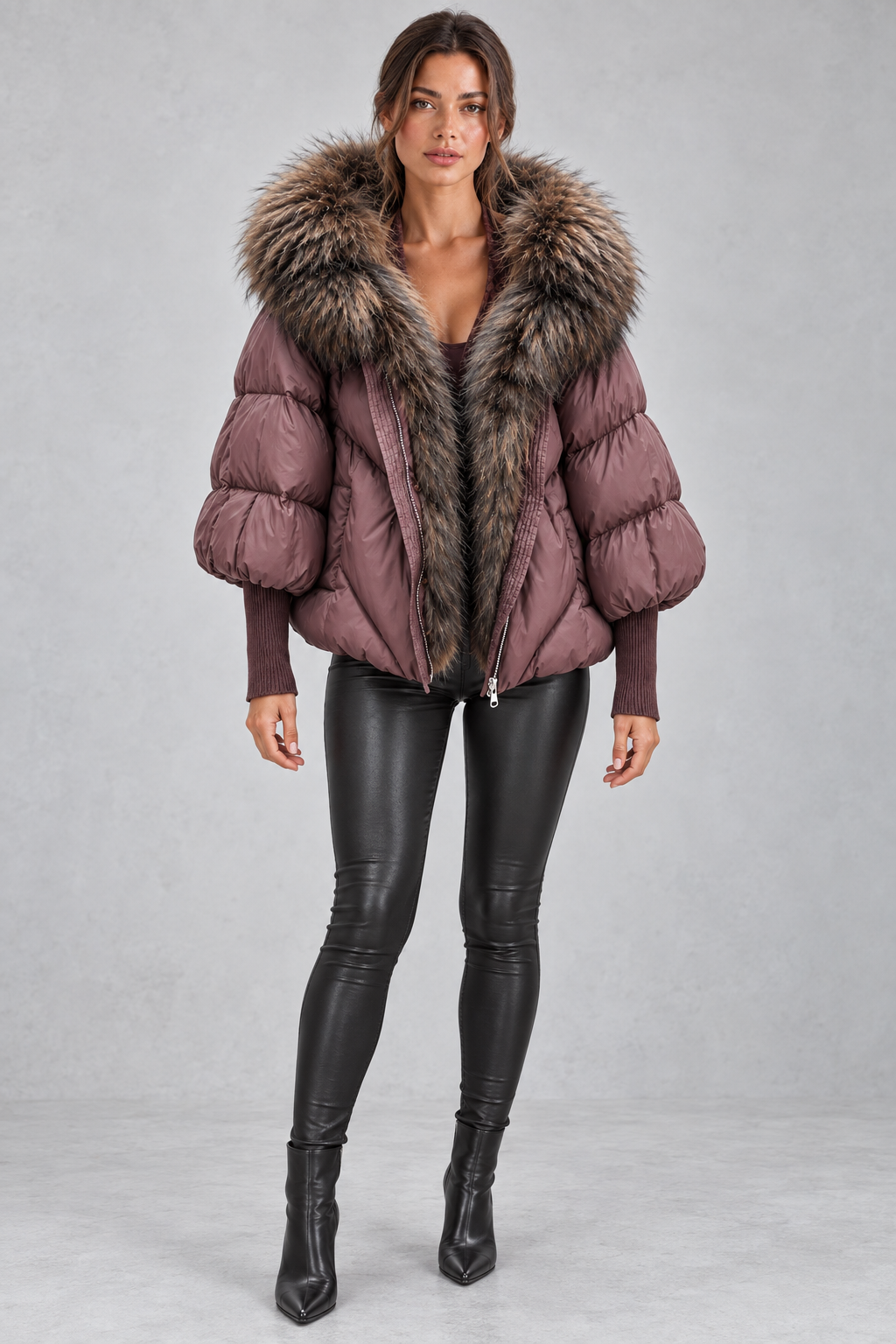 Oversized faux fur hood puffer styled for a city look