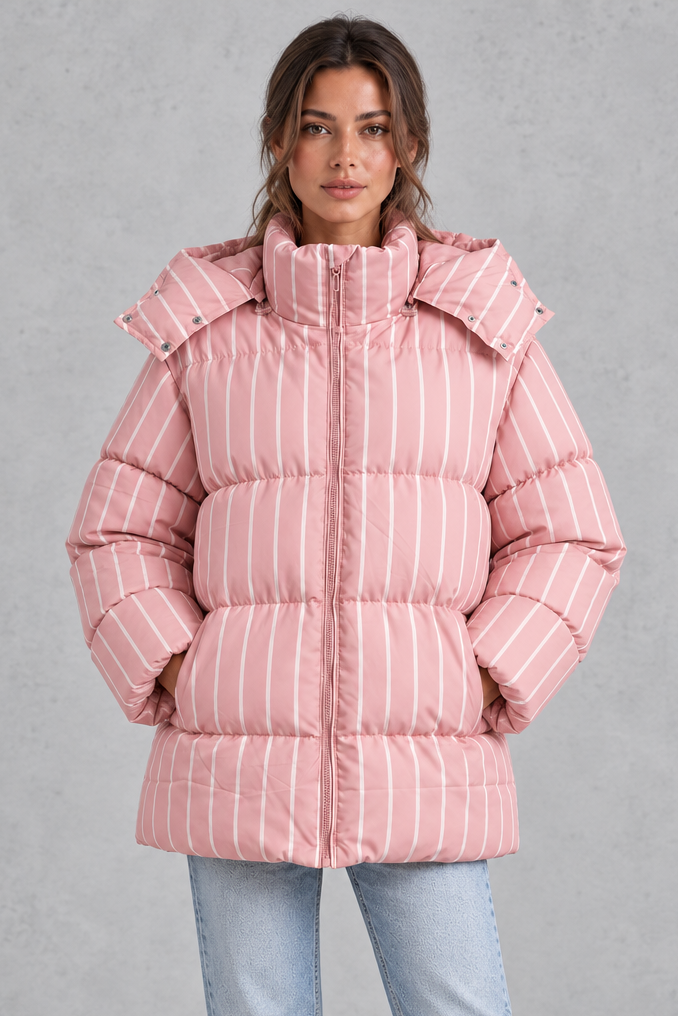 Women's oversized striped puffer jacket with hood, front view