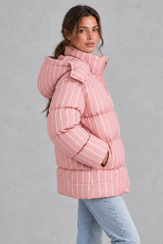 Back view of oversized striped puffer jacket