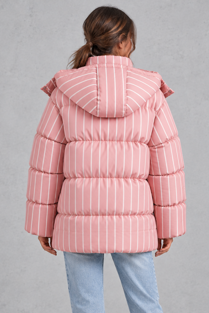 Striped puffer jacket styled for a casual weekend