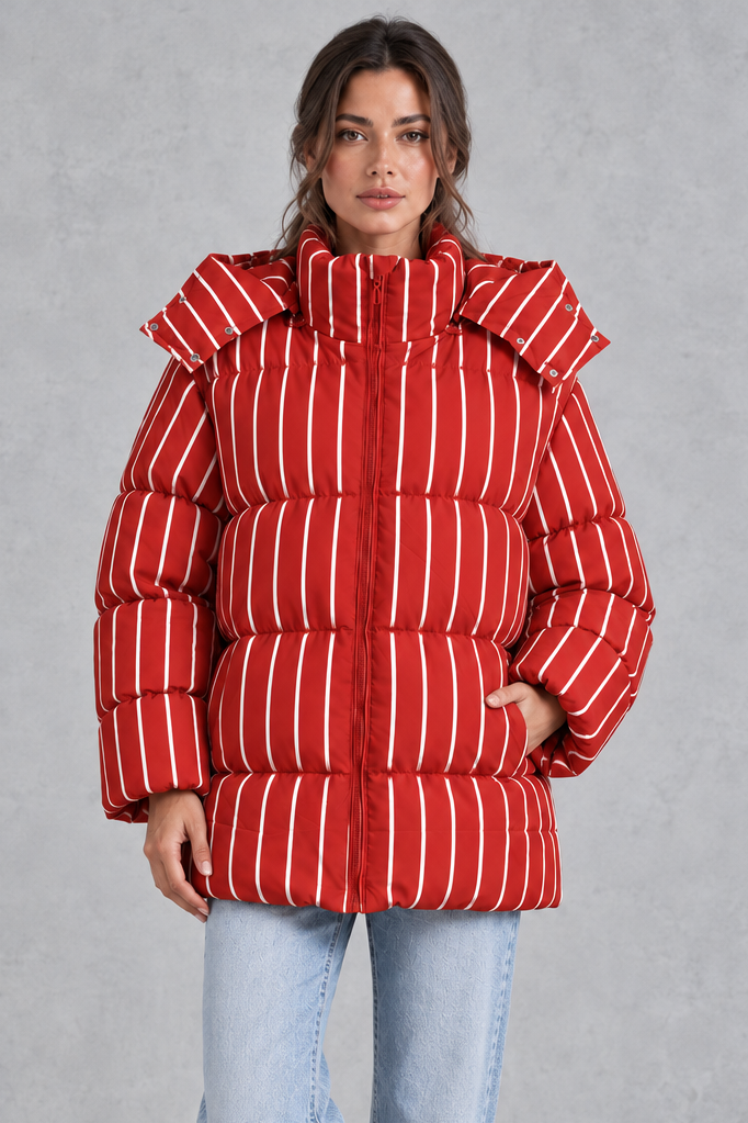 Oversized striped puffer jacket shown in red