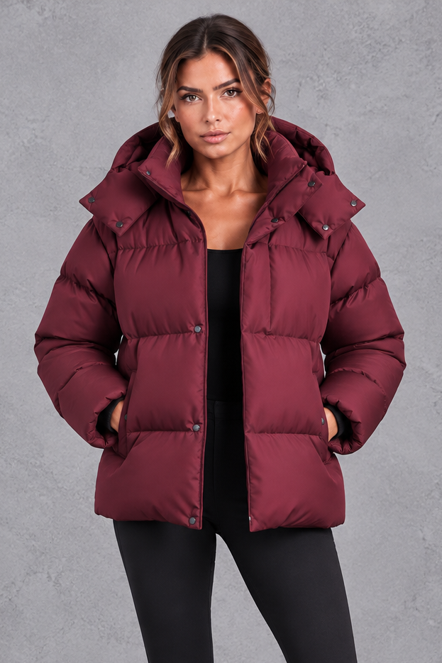 Women's Oversized Hooded Puffer Jacket – Wine Red