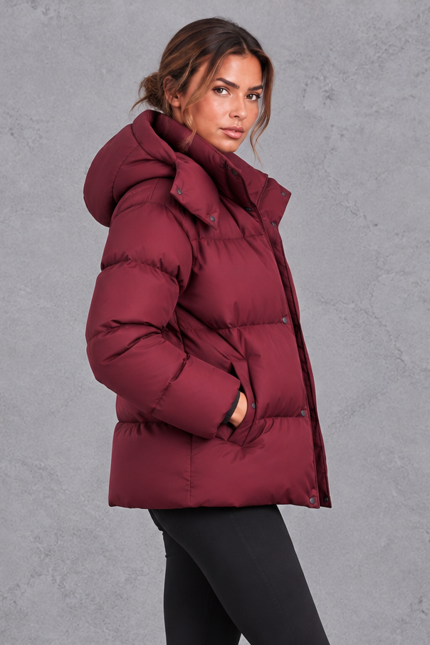 Women's Oversized Hooded Puffer Jacket – Wine Red