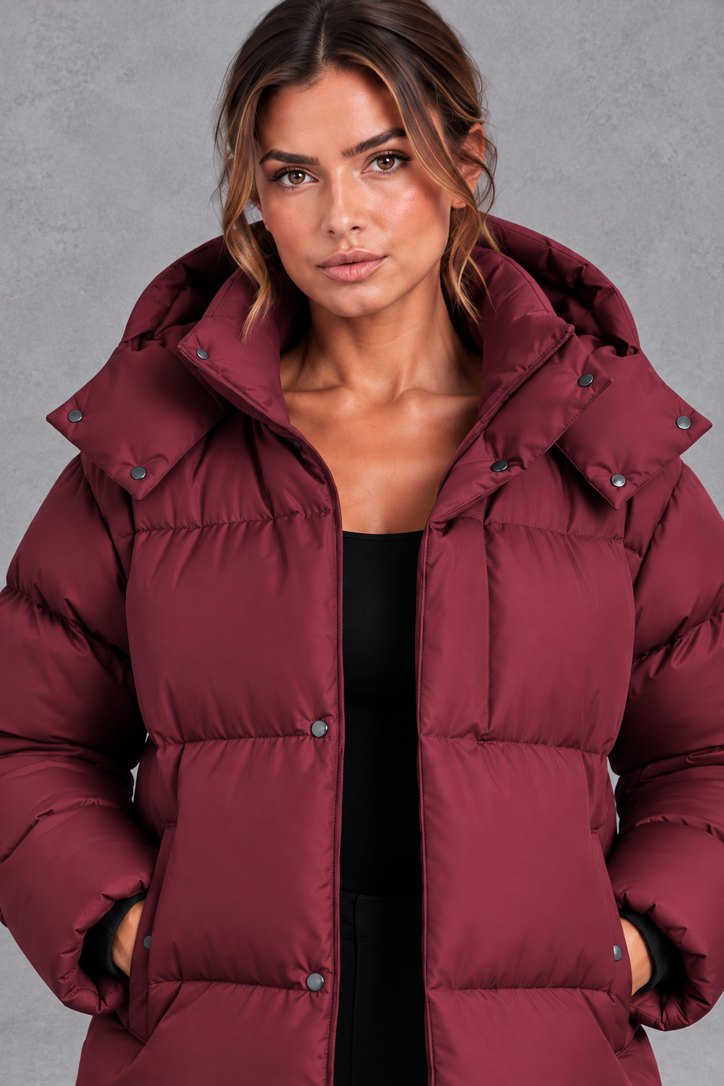 Women's Oversized Hooded Puffer Jacket – Wine Red