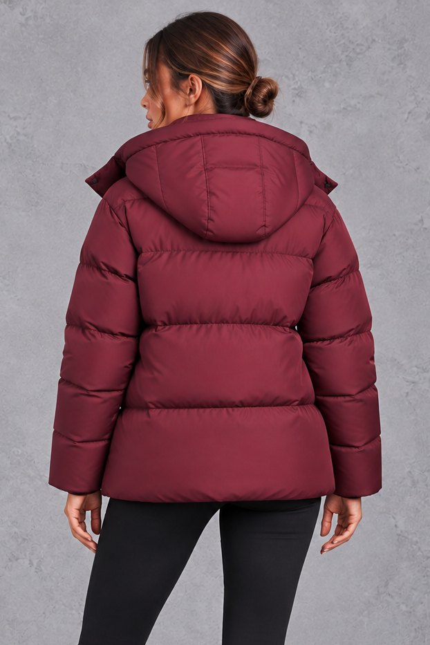Women's Oversized Hooded Puffer Jacket – Wine Red