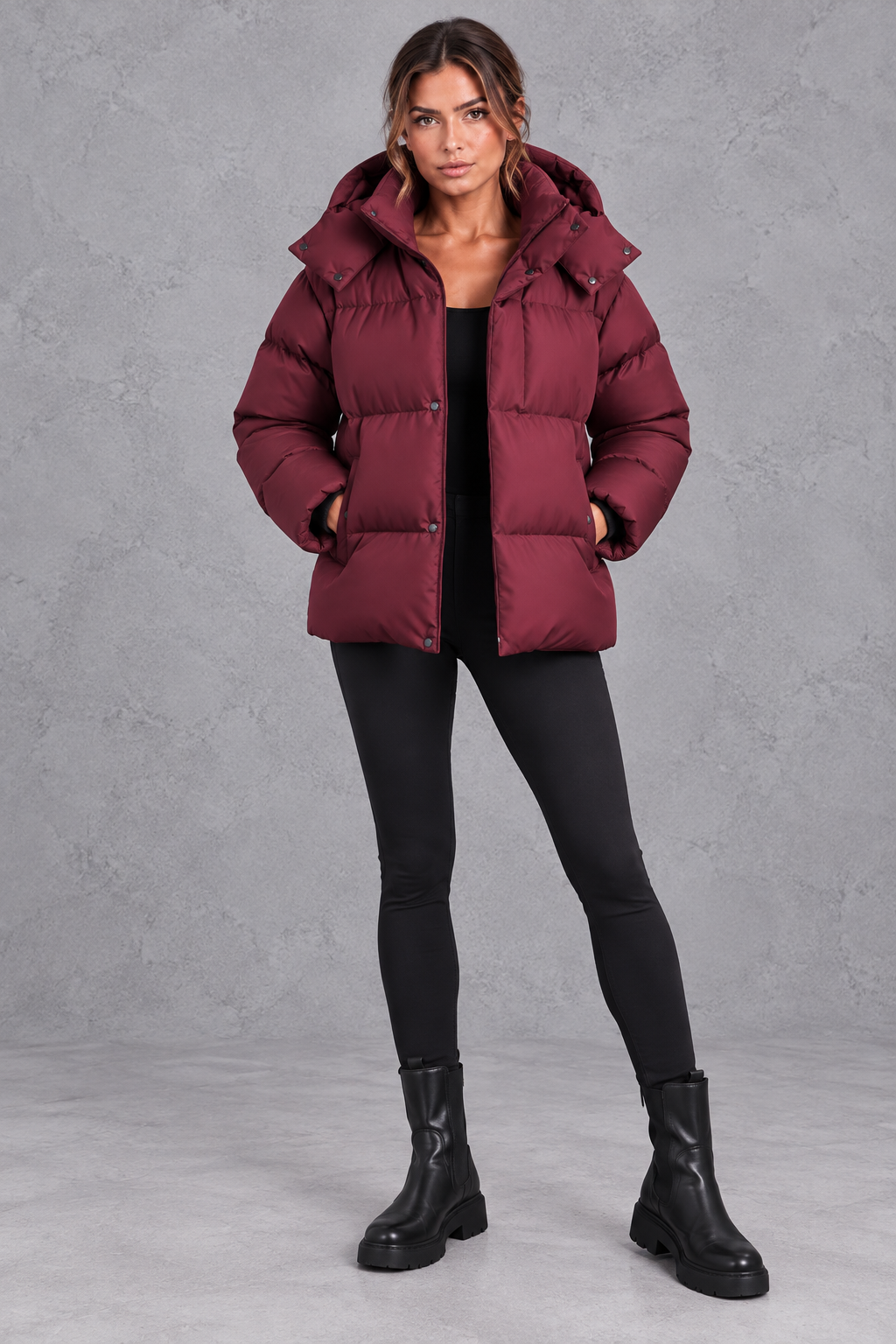 Women's Oversized Hooded Puffer Jacket – Wine Red