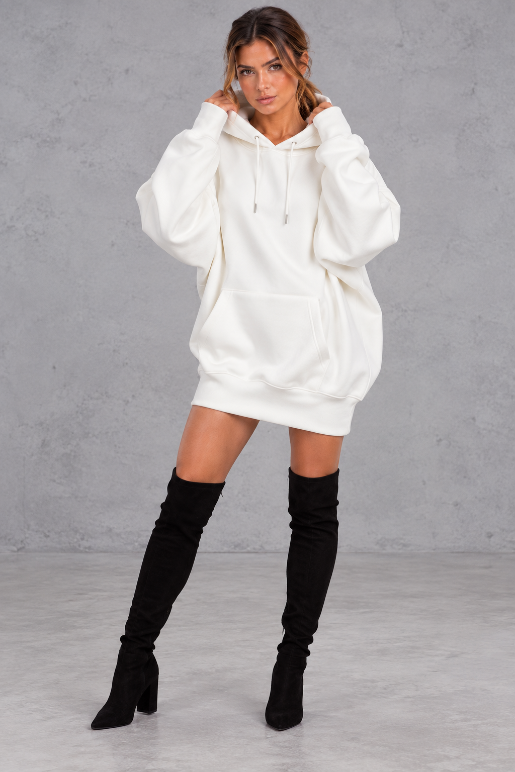 Women's oversized hoodie mini dress with balloon sleeves, front view