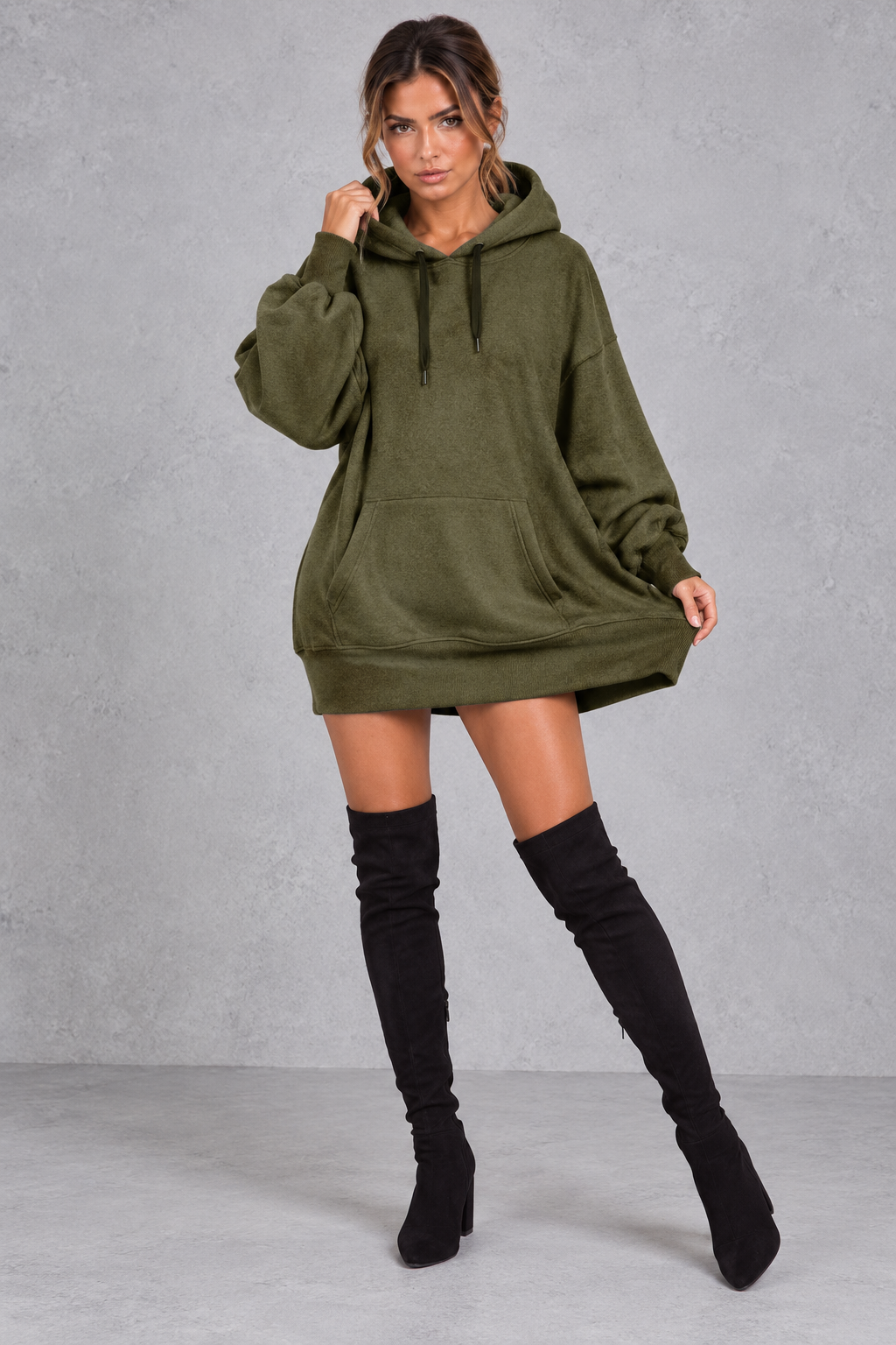 Women's balloon sleeve hoodie dress layered for a cozy fall look
