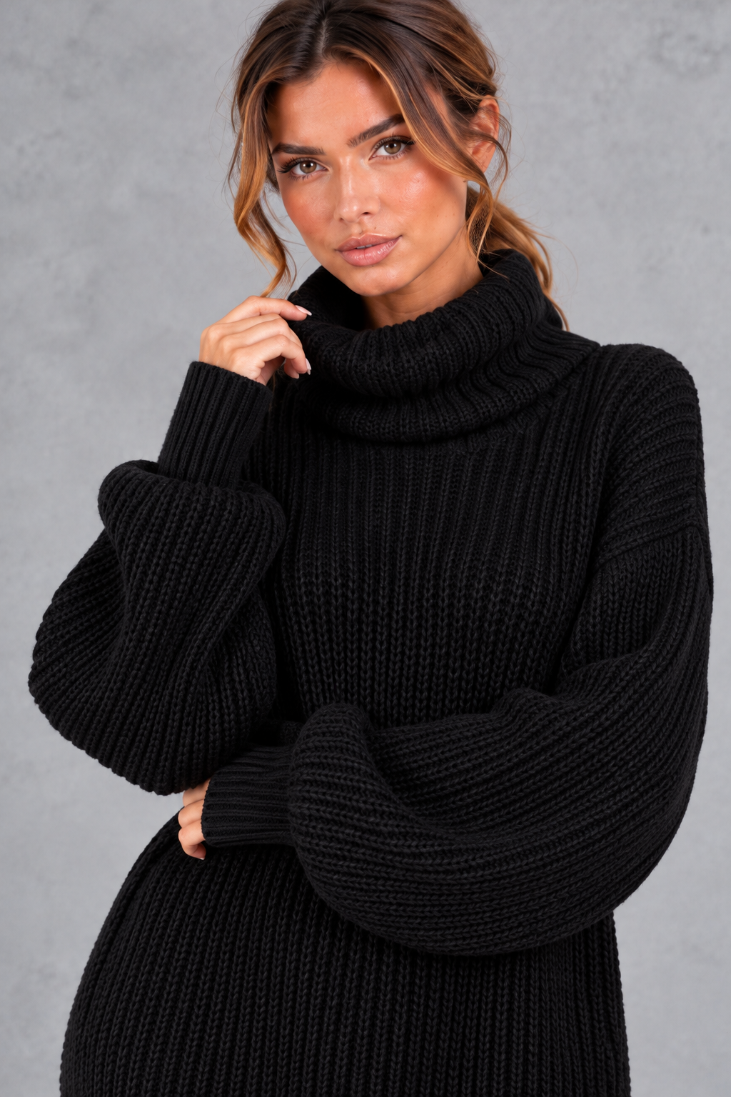 Women's Oversized Turtleneck Sweater Dress – Long Sleeve Distressed Knit