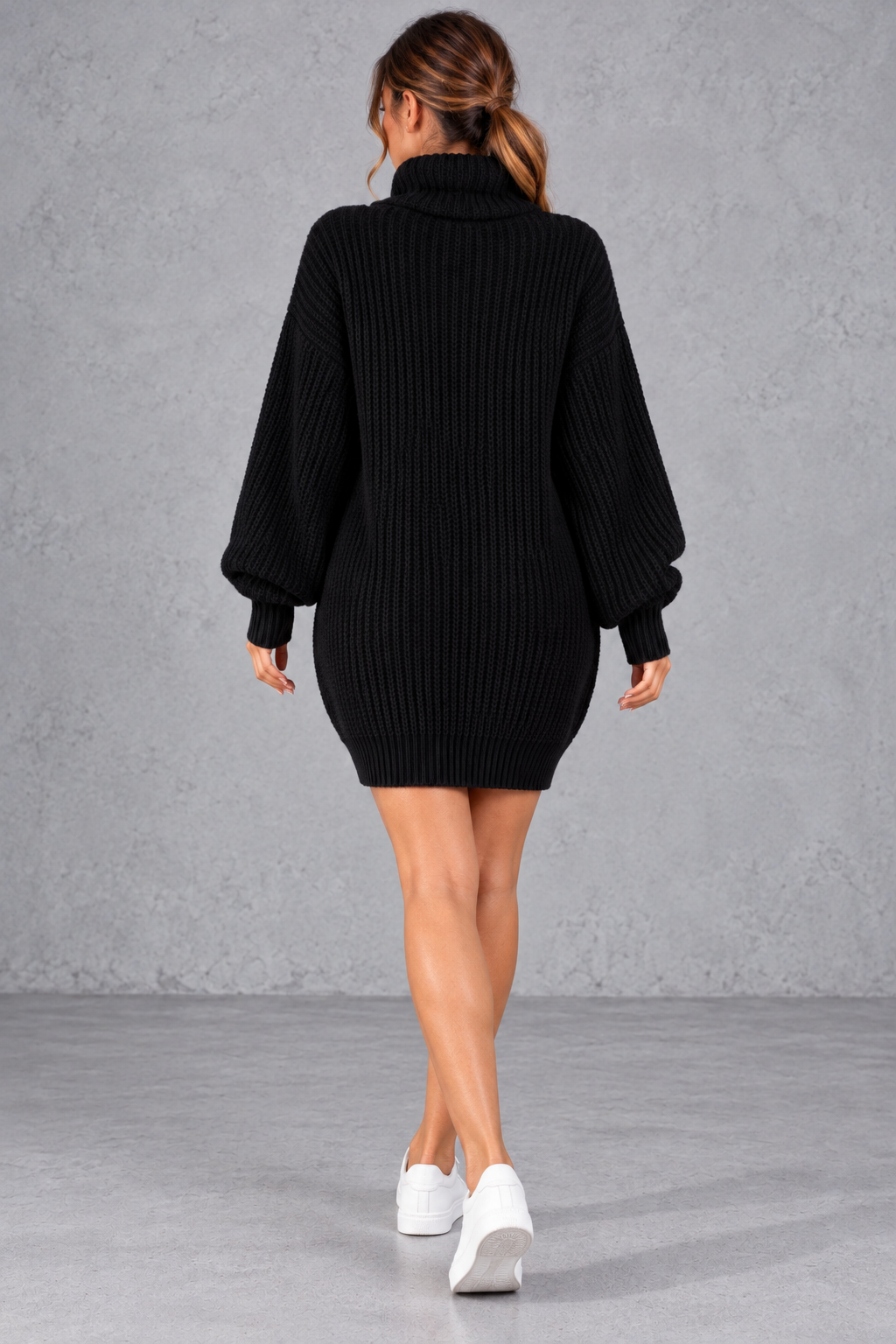 Women's Oversized Turtleneck Sweater Dress – Long Sleeve Distressed Knit